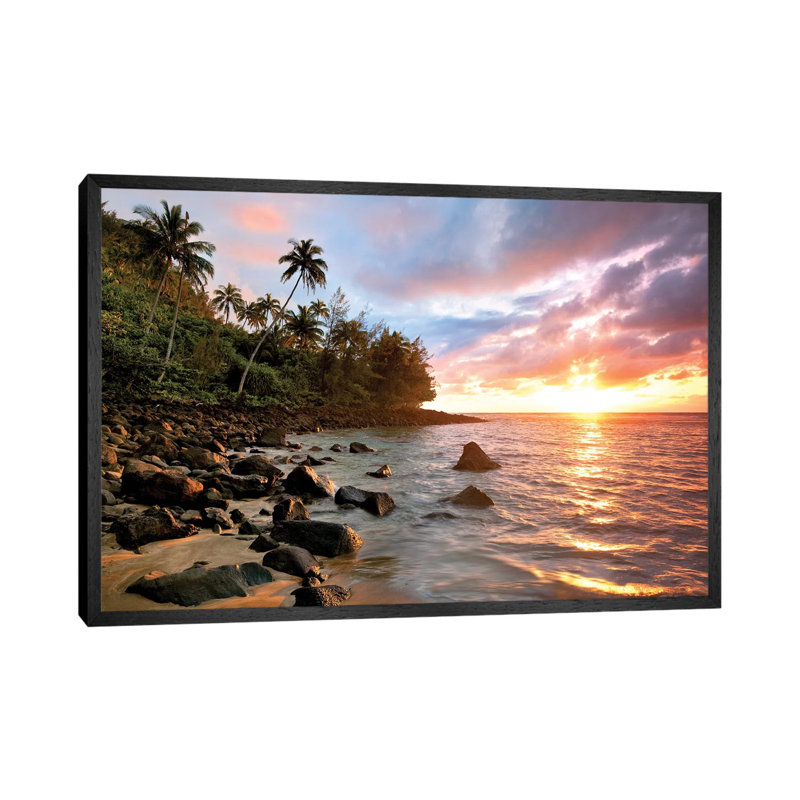 Kauai Sunset by Dennis Frates - Print on Canvas, 66.04cm H x 101.6cm W x 3.81cm D, Black Framed