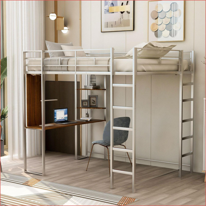 Lit mezzanine double en métal avec bureau 2 tablettes - Conception argent compacte pour les petites pièces, Argent argent