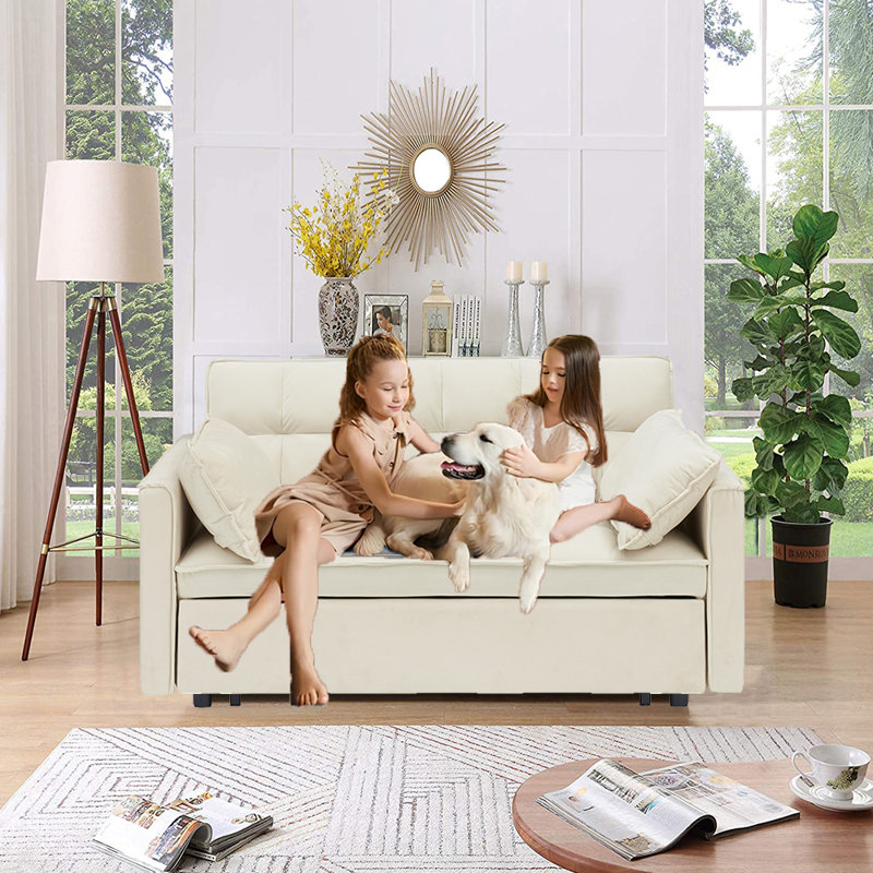Jashlyn Convertible Loveseat,Sofa bed for Small Spaces Apartments, Beige Velvet
