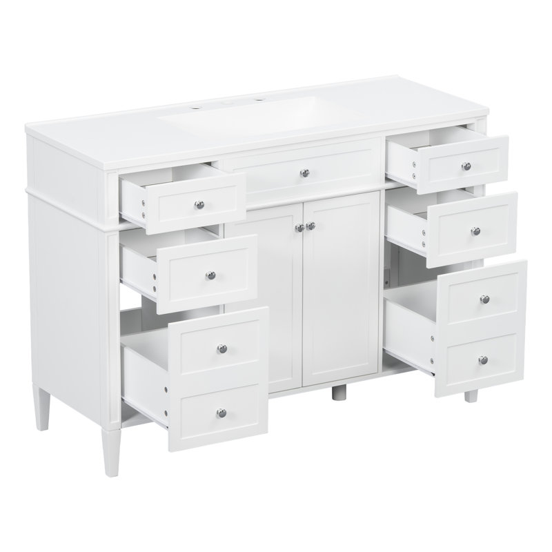Meuble-lavabo moderne blanc 48 "avec comptoir en composite Victoria, 6 tiroirs et 2 portes Victoria, Blanc
