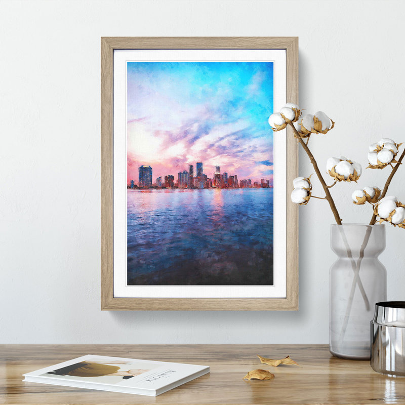 Miami Florida Skyline - Picture Frame Painting Print, 45cm H x 33cm W x 2cm D, Oak Framed