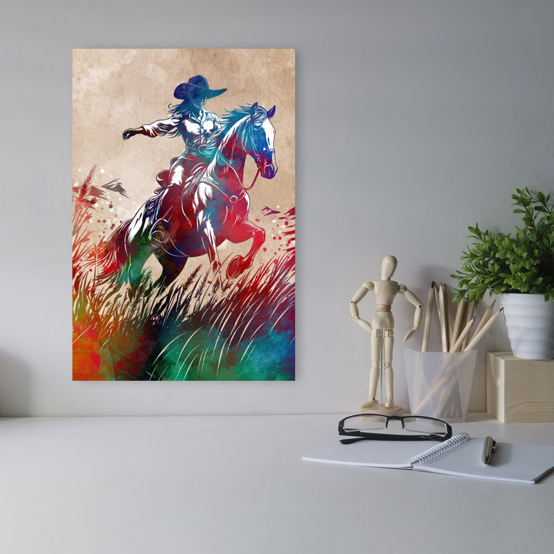 «Dynamic Cowgirl Ride», art contemporain coloré cheval vibrant, 18" H x 12" W
