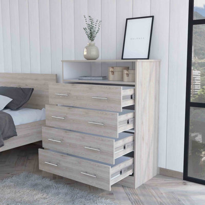 Commode à quatre tiroirs Lagos, une tablette, plateau supérieur, gris clair et blanc