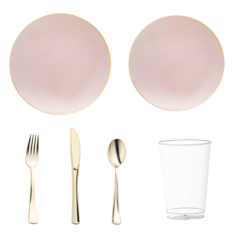Pink with Gold Organic Round Disposable Plastic Wedding Value Set - 30 Settings