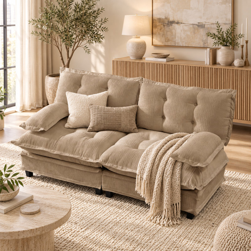 Canapé modulaire 77 po à 2 places modulaire 77 po, tissu chenille profond avec coussins décoratifs en treillis