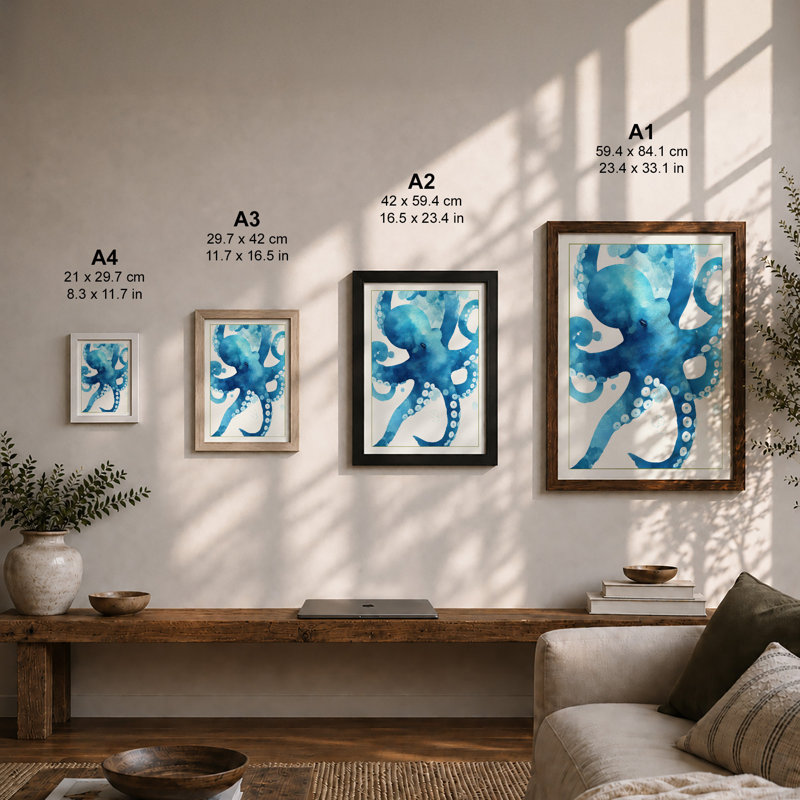 Flowing Octopus Coastal 1 Piece Single Picture Frame Wall Art, A1 - 84.1 x 59.4 cm, White