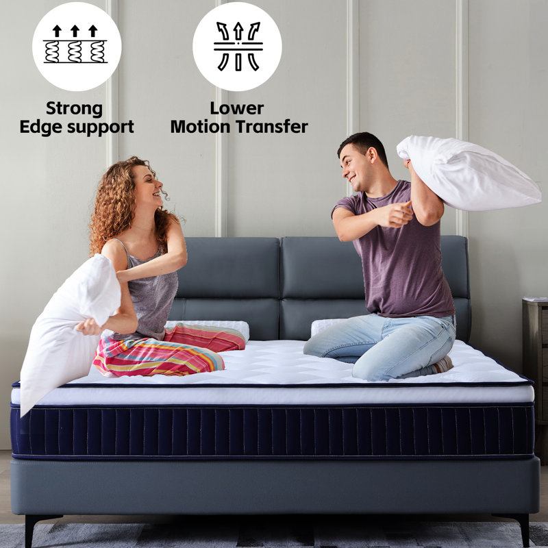 Très grand matelas à ressorts ensachés en mousse à mémoire de forme de taille moyenne de 10 pouces dans une boîte, en relief, bleu + brun + blanc avec et ressort