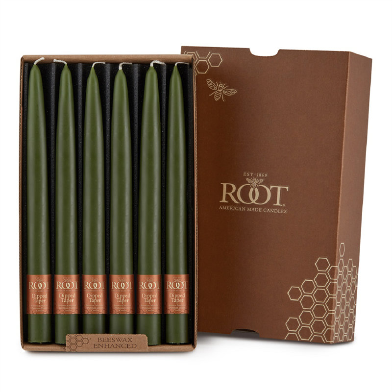 12 Piece Unscented Taper Candle Set, Dark Olive, 9" H x 0.88" W x 0.88" D