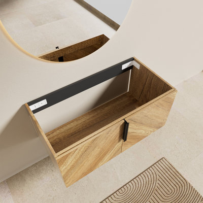 36" Floating Single Bathroom Vanity Cabinet Only with Chevron Doors in Natural Oak (Sink Not Included)