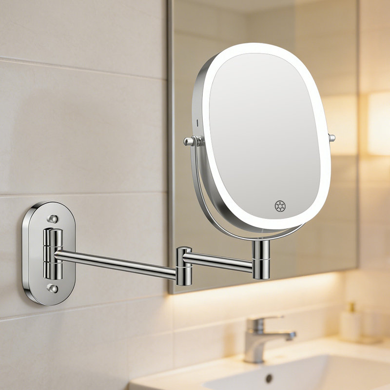 Darianny Modern Metal Oval LED Lighted Magnifying Wall Mounted Vanity Bathroom Makeup Mirror, Chrome, Chrome