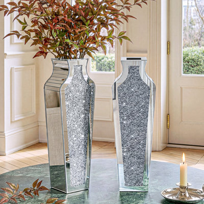 Degrailly Lot de 2 vases décoratifs en verre miroir avec incrustations de cristal, à poser sur une table.