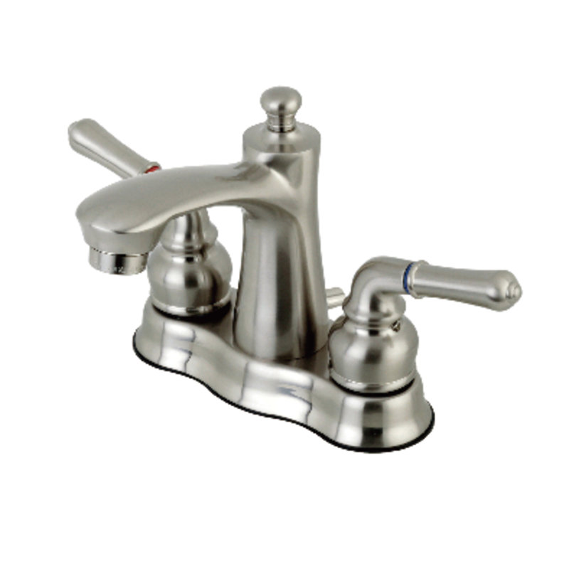 Kingston Brass Naples Two-Handle 3-Hole Deck Mount 4" Centerset Bathroom Faucet with Plastic Pop-Up, Brushed Nickel