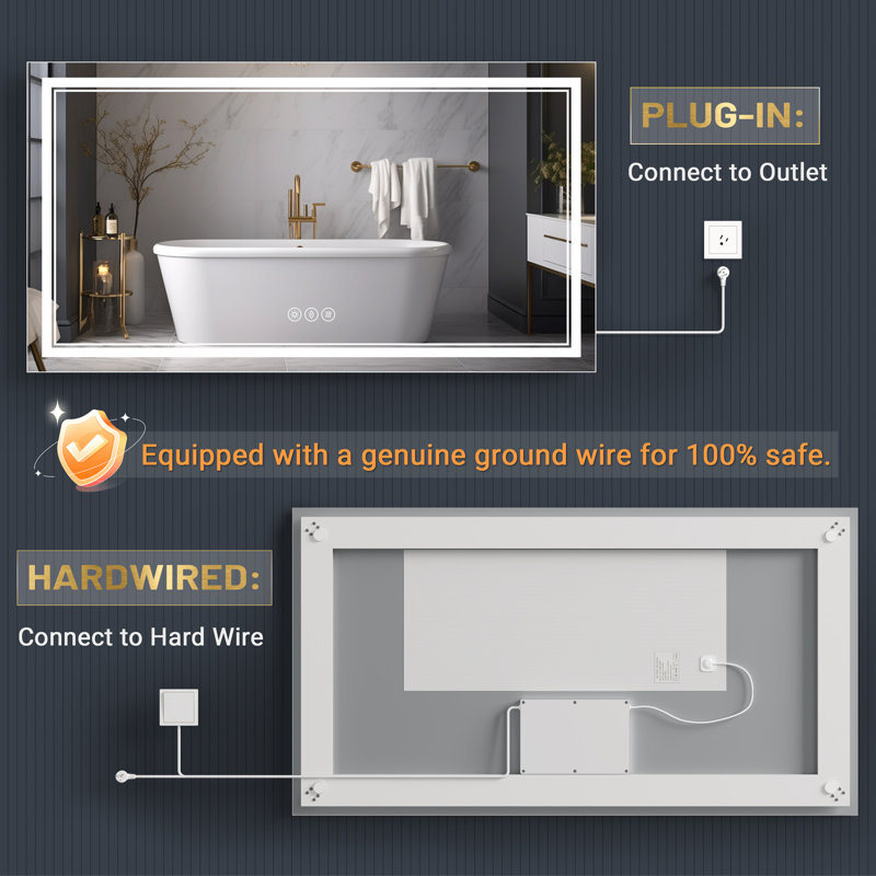 LED Lighted Bathroom Mirror: Front and Backlit, Tempered Glass, 3 Colors, Dimmable, CRI 90+, Defog, 36" x 55"