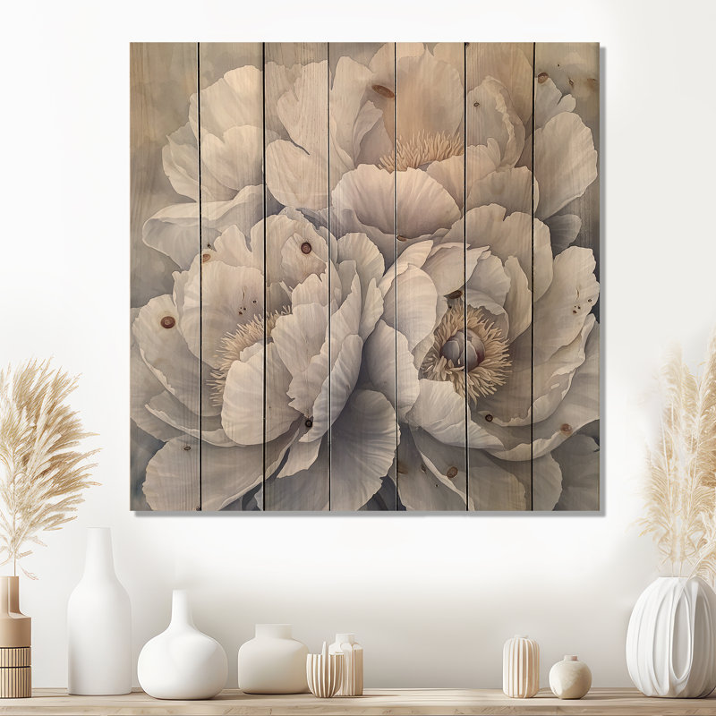 Frosted Monochrome Peonies Flowers II - Peonies Wood Wall Decor - On Natural Pine Wood, 15" H x 15" W x 0.78" D