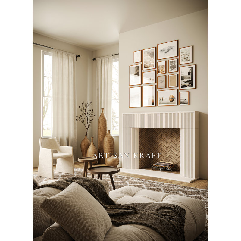 Encadrement de cheminée cannelé en pierre avec foyer Bullnose, Tanné, 8 po x 65 po x 49,5 po