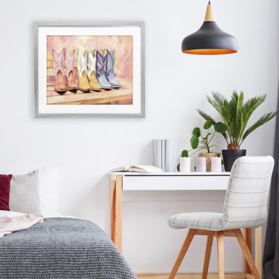 Painted Boots Trio Framed Print Under Glass, design by Kim Allen