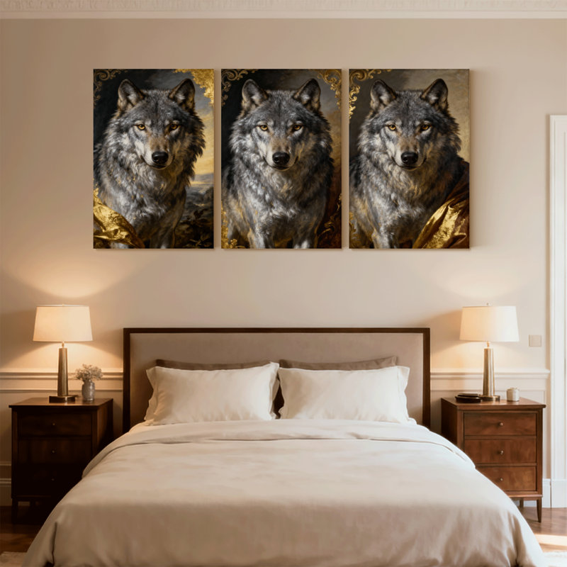 Animaux, loup, fond doré, ensemble de 3 reproductions d'art sur toile, H 18 po x l 36 po