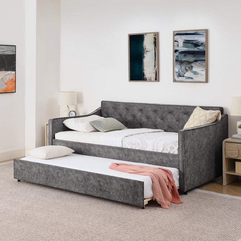 Lit de jour rembourré gris avec couchette escamotable et chargement USB