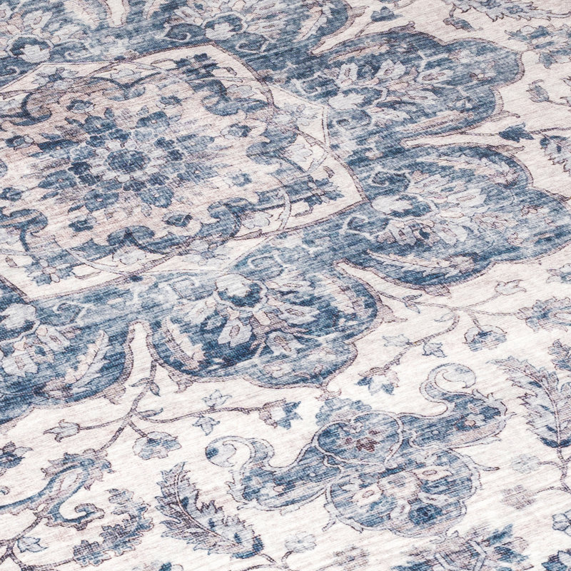 Lefkothea Joy Vintage Machine Washable Area Rug, Rectangle 4' x 6', Blue Ivory