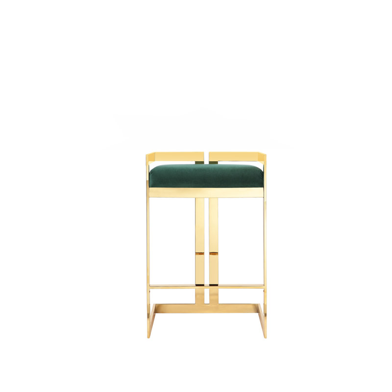 Upholstered Counter Stool with Metal Frame, Gold, Green Velvet