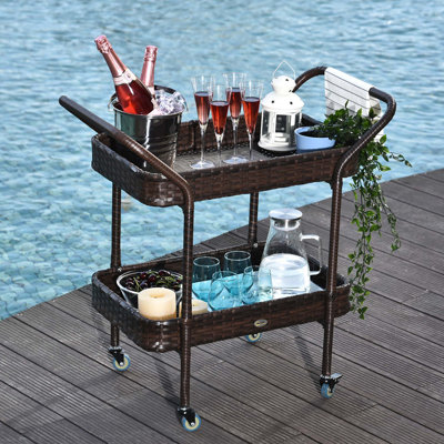 Chariot de service en osier de rotin avec tablette ouverte à 2 niveaux, chariot-bar extérieur à roulettes avec freins pour piscine, jardin, patio
