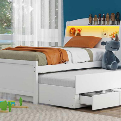 Platform Bed With Storage LED Headboard, Twin Size Trundle And 3 Drawers (Bed)