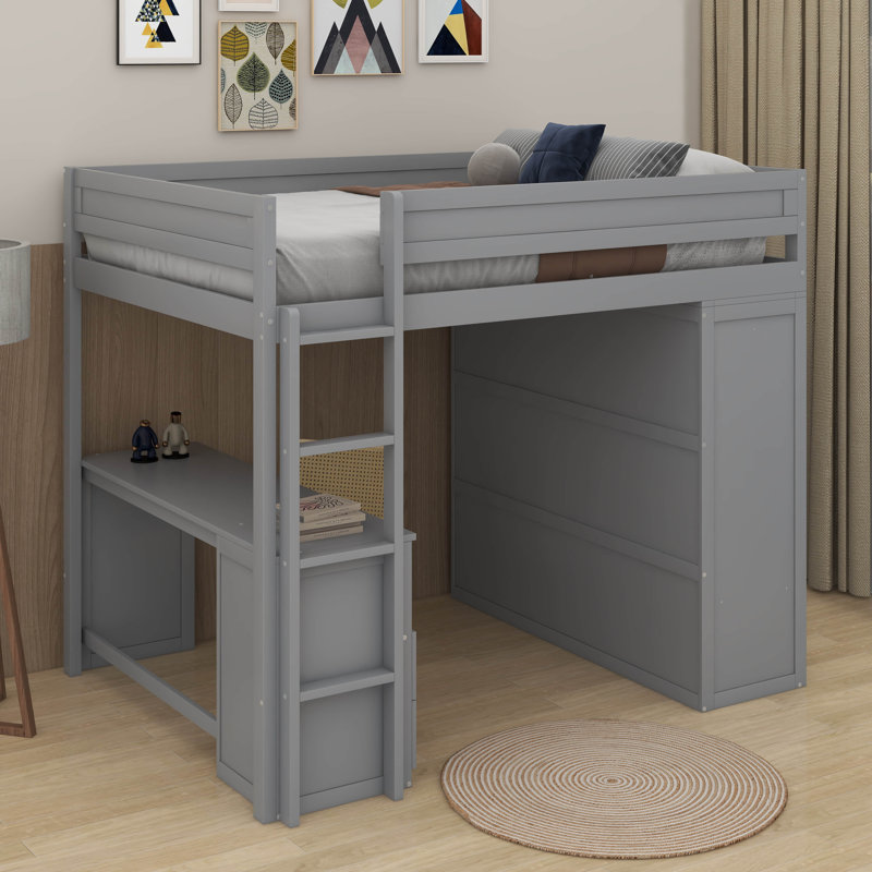 Lit mezzanine double avec placards et bureau, Gris