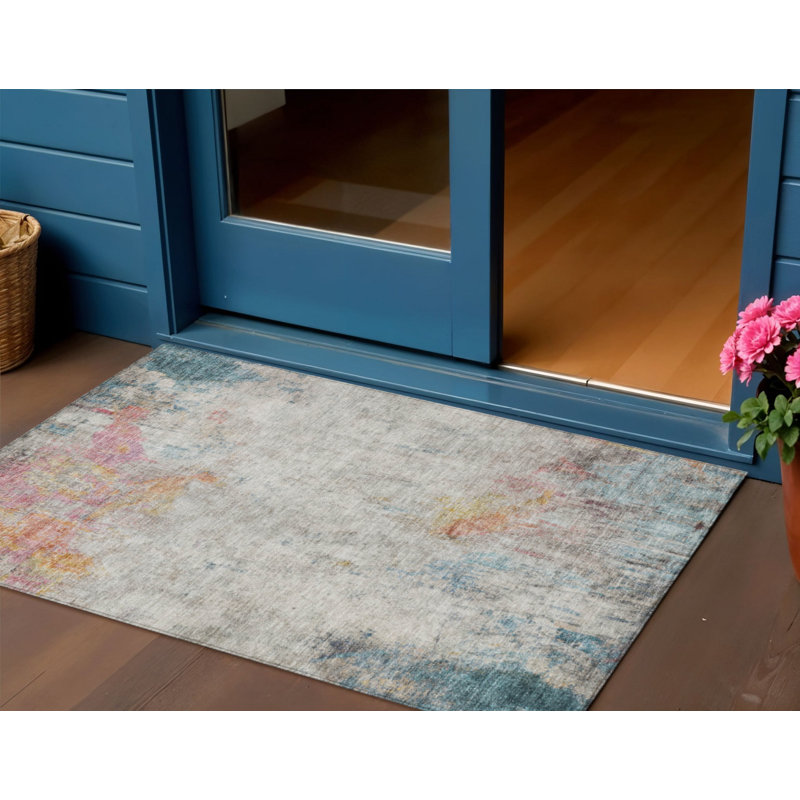Tapis d'extérieur lavable abstrait bleu sarcelle 3 pi x 5 pi