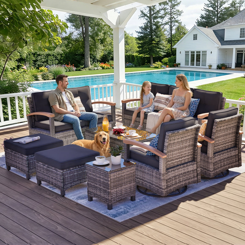 Meissalivve 8 Pieces Patio Furniture Sets,Wicker Patio Conversation Sets With 2 Wood Armrests Swivel Glide Chairs, Outdoor Couch, Loveseat For Deck Yard And Poolside (Black)