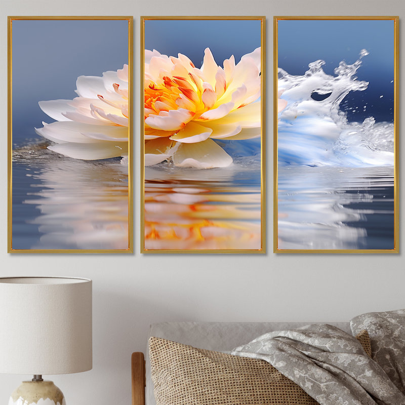 Rusnak - Ensemble de décoration murale Lotus, Cadre flottant doré, H 28 po x l 36 po x P 1 po