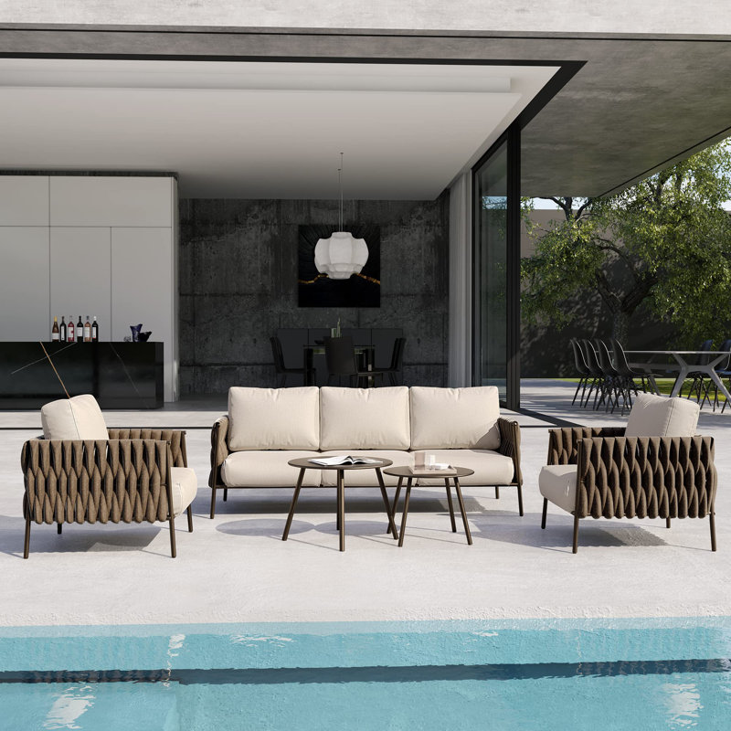 Chestnut Brown and Cream 5-Piece Outdoor Sofa Set with Round Tables