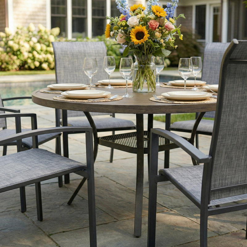 6-Person Round Patio Dining Set With Stackable Textilene Chairs, Brush Wood Gray/Gray
