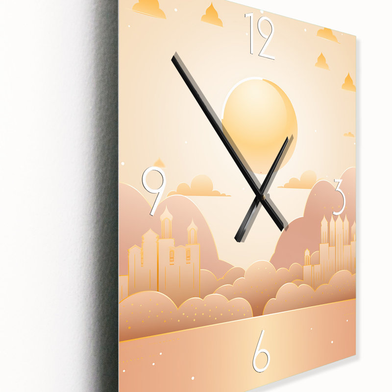 Charmante ville orientale bohème rétro pastel I - horloge murale moderne abstraite, H 28 po x l 12 po x P 1 po