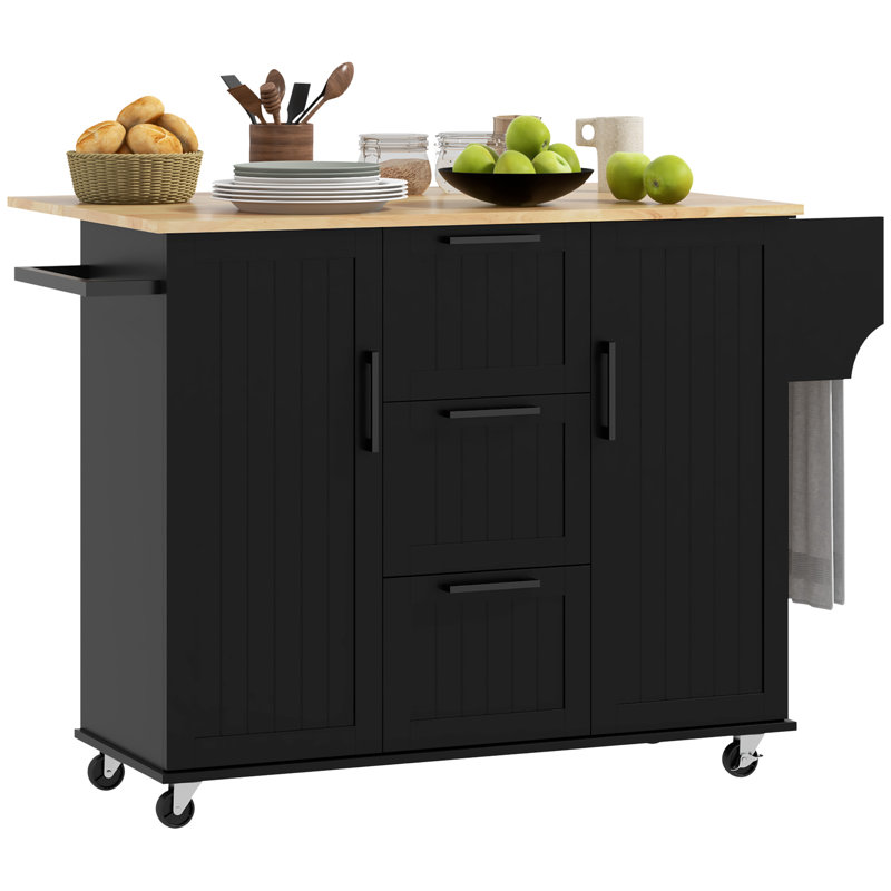 Îlot de cuisine sur roulettes, chariot de cuisine avec tiroirs rabattables, Noir, noir, noir, noir