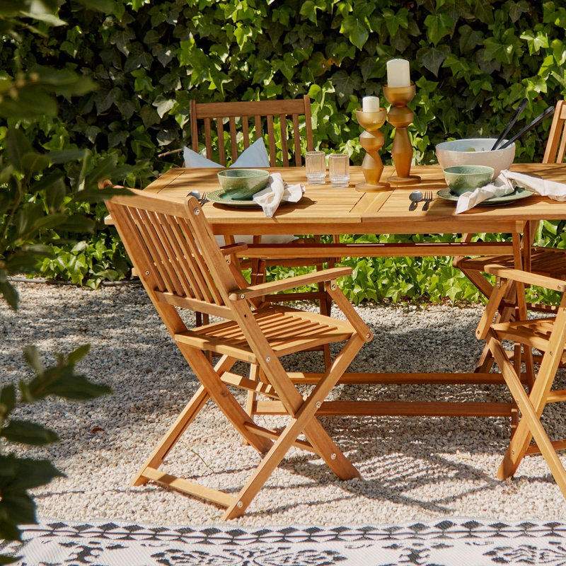 Nayoun 4 Seater Wooden Rectangular Garden Armchair Dining Set with Parasol - 120cm, Natural/Cream, Cream Umbrella