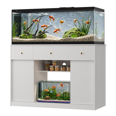 Spacieux support d'aquarium de 55 à 75 gallons avec prise de courant et lumière DEL - Armoires de rangement, tiroirs, porte de grange coulissante - Convient à 2 réservoirs de poissons ou de reptiles - Grain vertical blanc