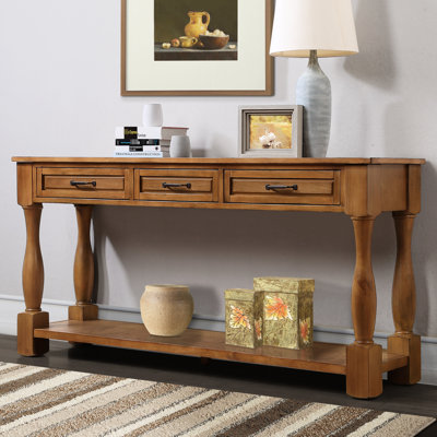 Console 63 pouces avec 3 tiroirs et une tablette - construction solide de conception américaine brun long 1 pour les pieds de cadre de hall d'entrée en bois