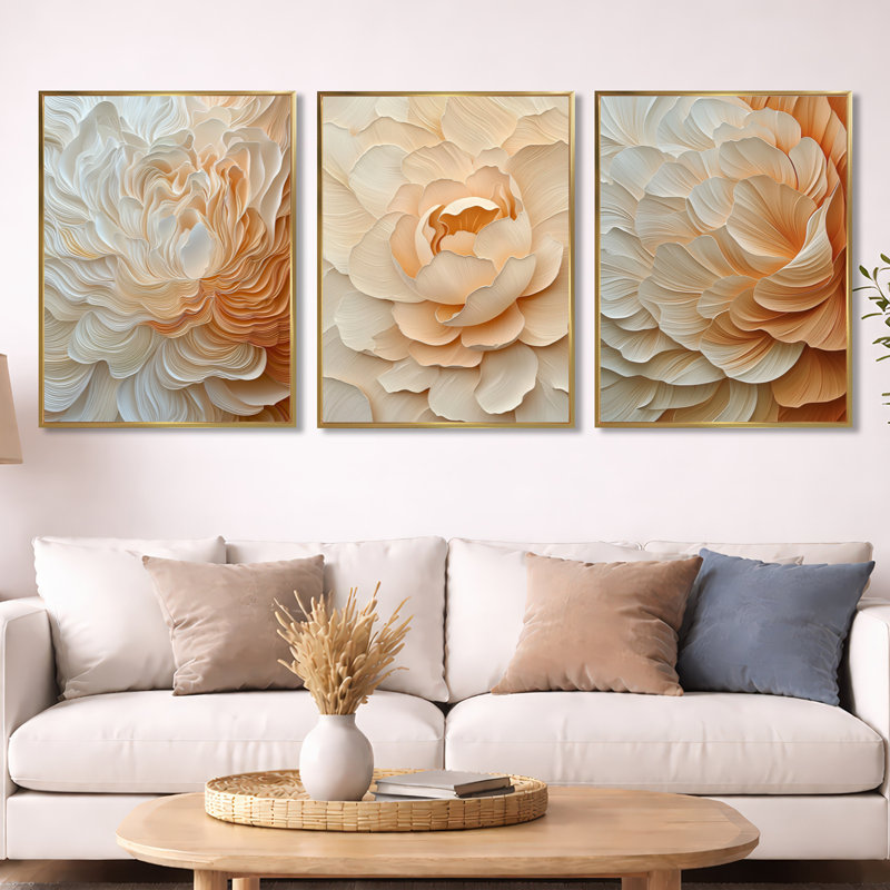 Blush of Dawn - pivoine beige - décoration murale encadrée de pivoines 3 pièces, 32" H x 72" W, Cadre flottant doré