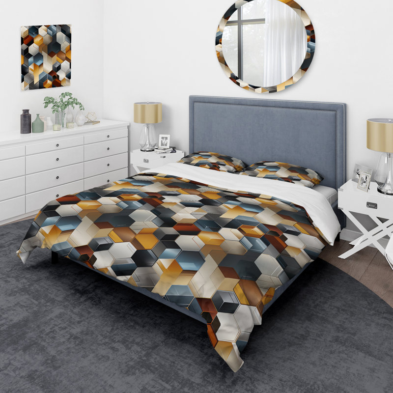 Ensemble de housse de couette en microfibre Grey Hexagons Dreams I, Housse de couette pour très grand lit et 2 très
