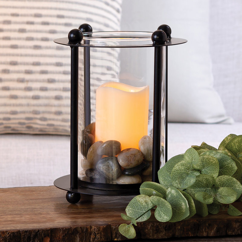 9.25" H Cypress Lantern With Rocks