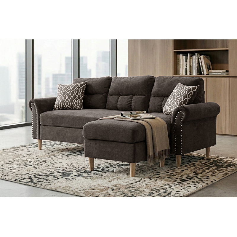 Ensemble canapé sectionnel, 221 cm L x 150 cm P x 91 cm H, velours, 1 pièce, beige, méridienne réversible avec 2 coussins à double motif