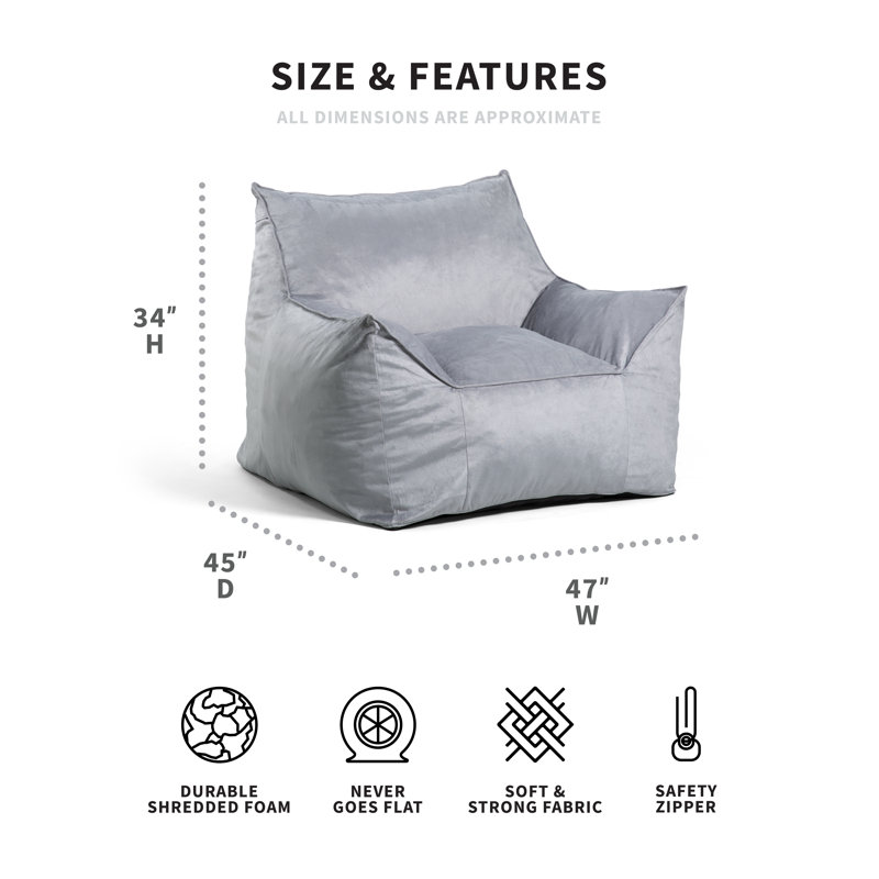 Canapé sac de pois Big Joe Imperial, Gray Plush 100% Polyester, 34" H x 47" W x 45" D