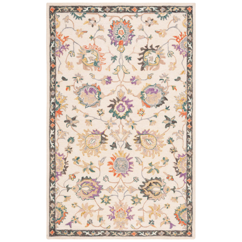 Darricka Tufted Wool/Cotton Performance Floral Rug in Beige/Lavander, Rectangle 3' x 5'