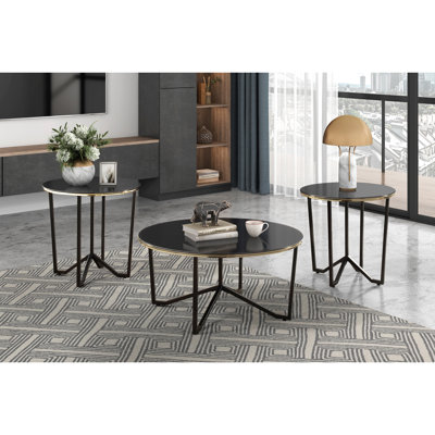 Table basse et tables de bout rondes de 3 pièces avec pieds en verre noir Albertis
