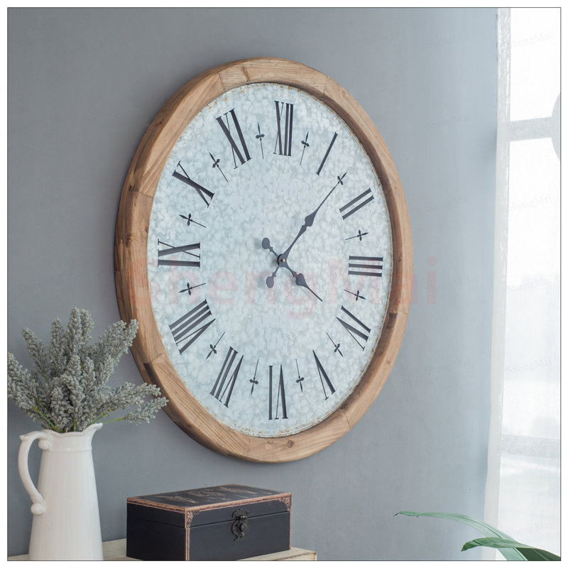 Grant Oversized Rustic Wall Clock with Fir Wood Frame and Galvanized Metal Numerals, Perfect for Adding Vintage Charm to Any Room