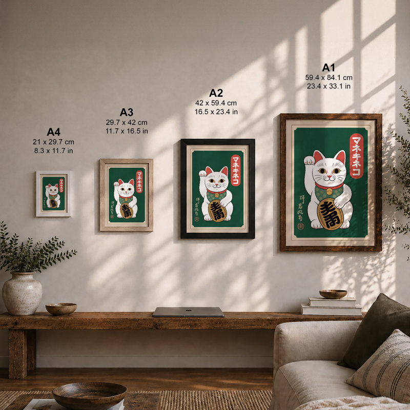 Lucky Cat Japandi - Framed Print, A3 - 42.0 x 29.7 cm, Unframed