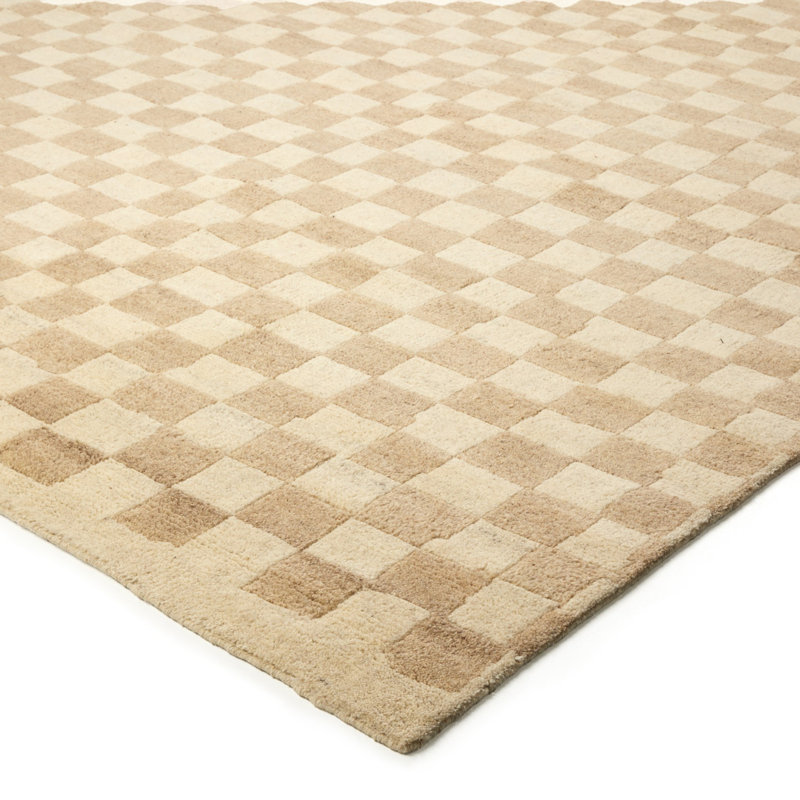 Hand Knotted Wool Checkered Indoor Rug, Rectangle 9' x 12', White/Neutral