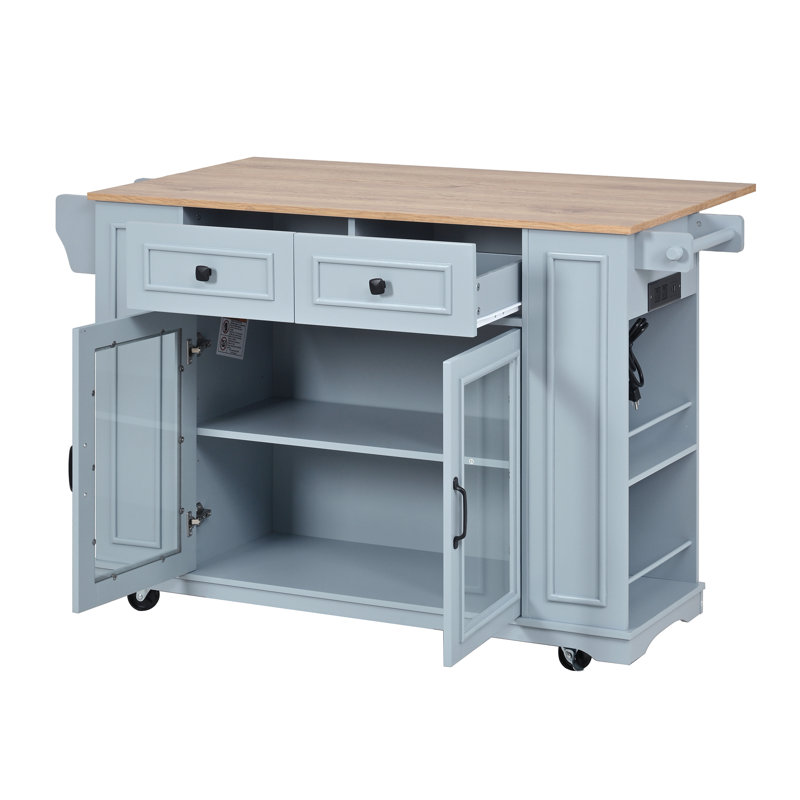 Cindora 54" Modern Mobile Kitchen Island with Power Outlet, Glass Door Storage & Rolling Prep Cart, Natural/Blue Gray