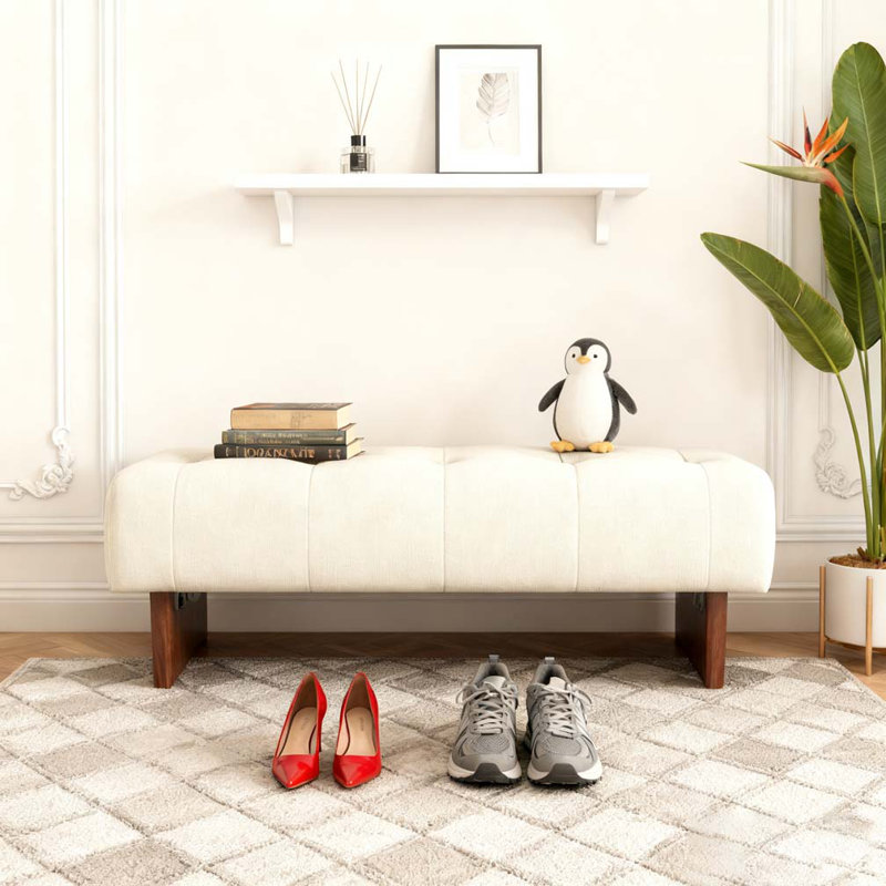 Rectangular Upholstered Tufted Linen Fabric Ottoman Bench