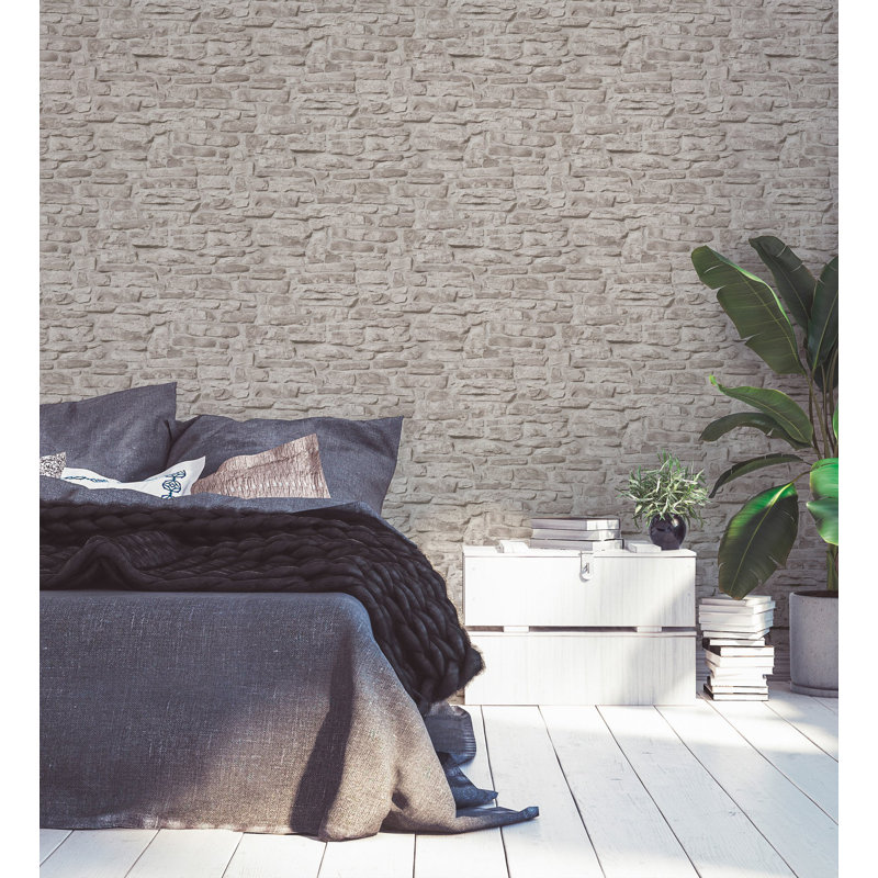 Bricks and More Collection Rustic Stone Wall Wallpaper Roll, Beige